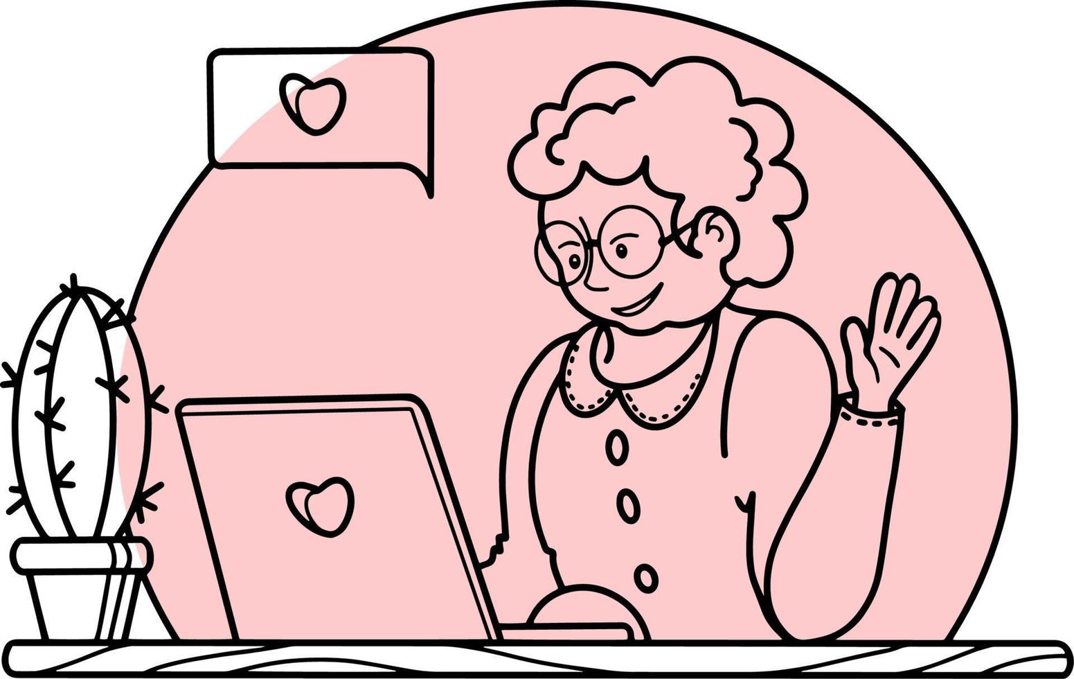 Vector illustration. Happy grandmother is sitting at home at the computer, there is a cactus on the table, grandmother communicates with relatives