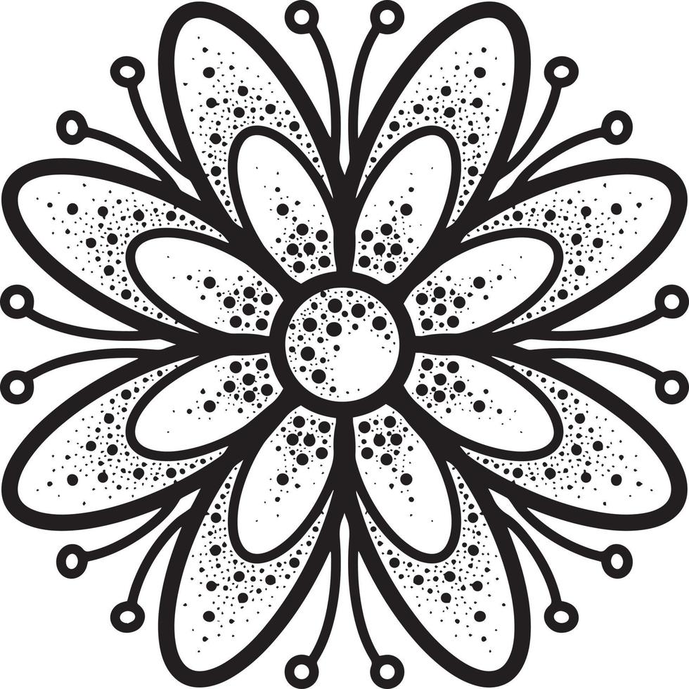 Symmetrical decorative daisy flower with petals on a transparent background, top view. Vector illustration, design element