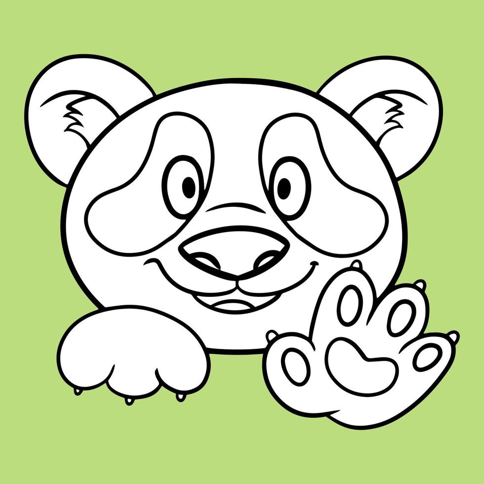 Cute little panda laughs, cute fluffy pandas in cartoon style, vector illustration on green background. Monochrome illustration, coloring book.