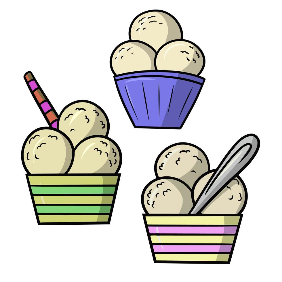 conjunto de postres fríos dulces, helado de vainilla en un vaso rayado con una ilustración de vector de dibujos animados de tubo de azúcar sobre un fondo blanco
