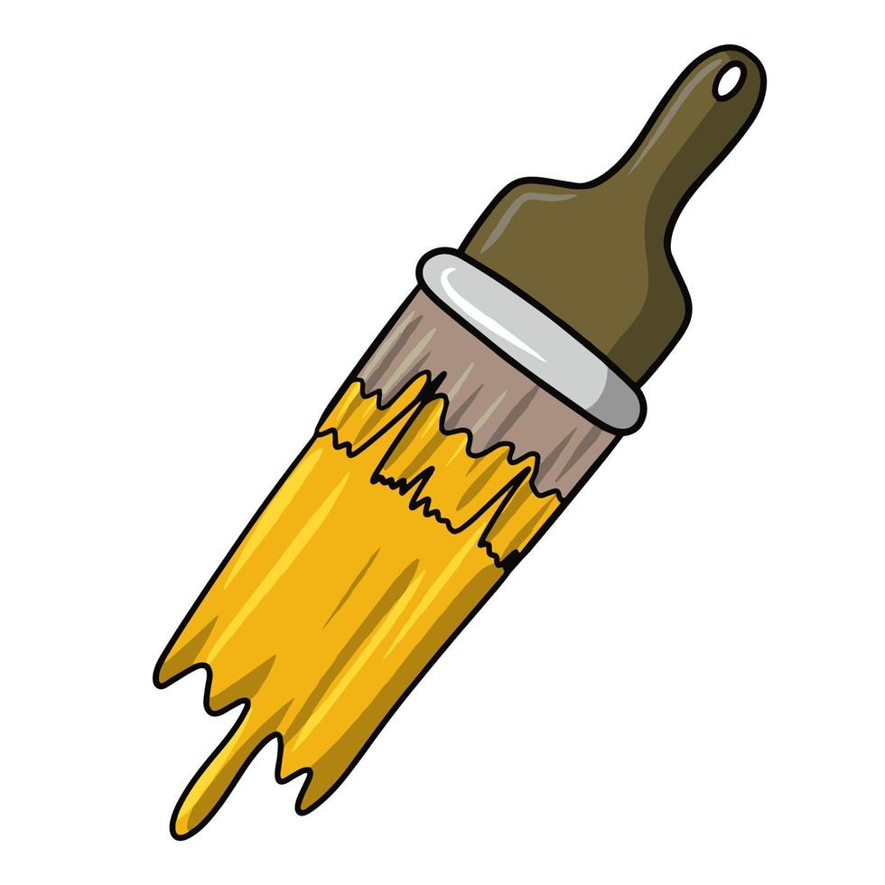 Yellow paint brush, Wide brush with yellow paint, drawing tool, vector cartoon illustration on a white background