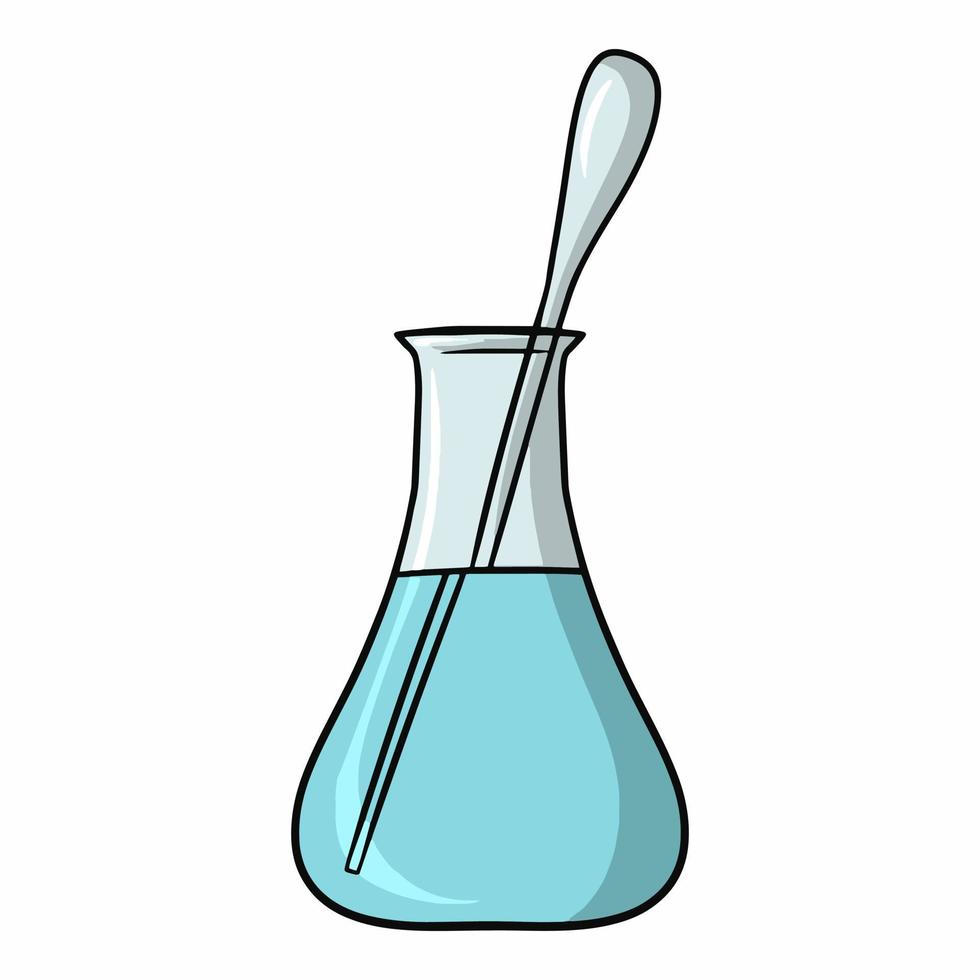 Triangular glass flask with blue solution and measuring spoon for experiments, vector cartoon illustration on a white background