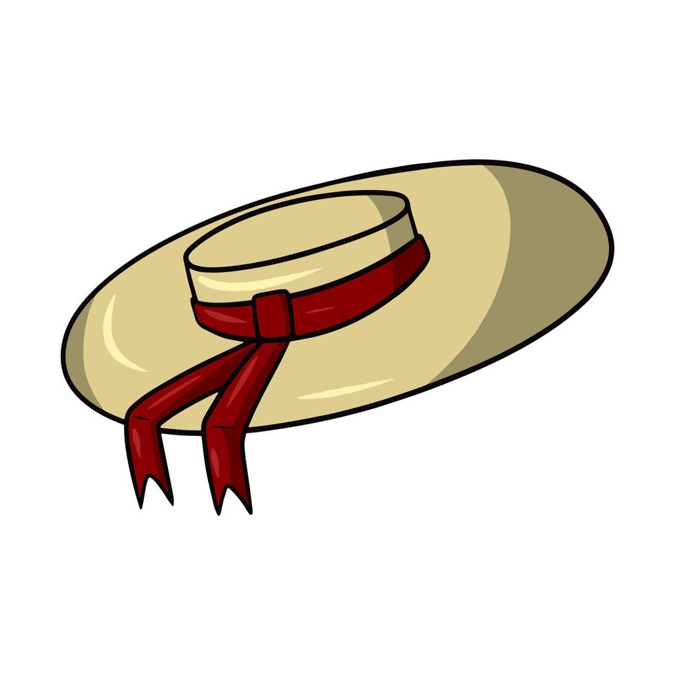 Large womens hat with a red bow, sun hat, vector illustration in cartoon style on a white background