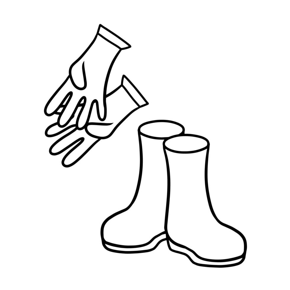 Gloves and boots for gardening, vegetable garden, monochrome vector illustration in cartoon style on a white background