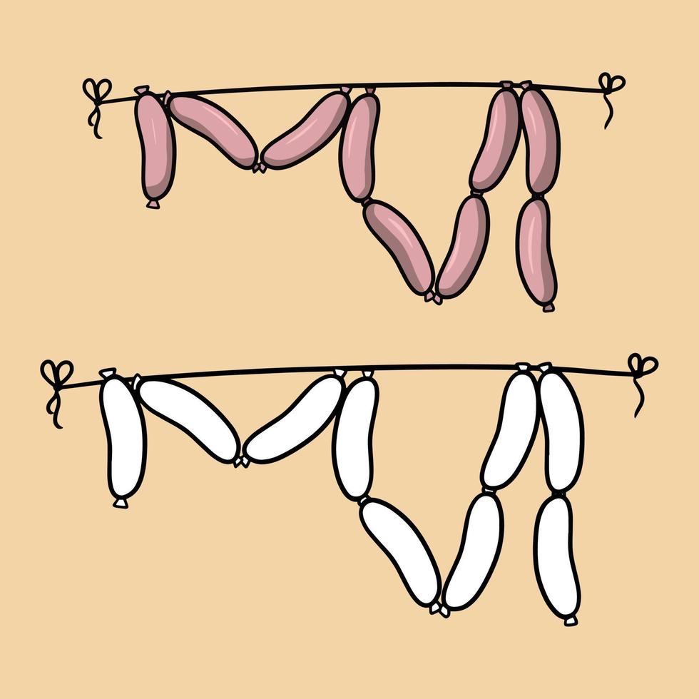 A bunch of long delicious pink sausages, a vector illustration in cartoon style on a light background, A set for a coloring book
