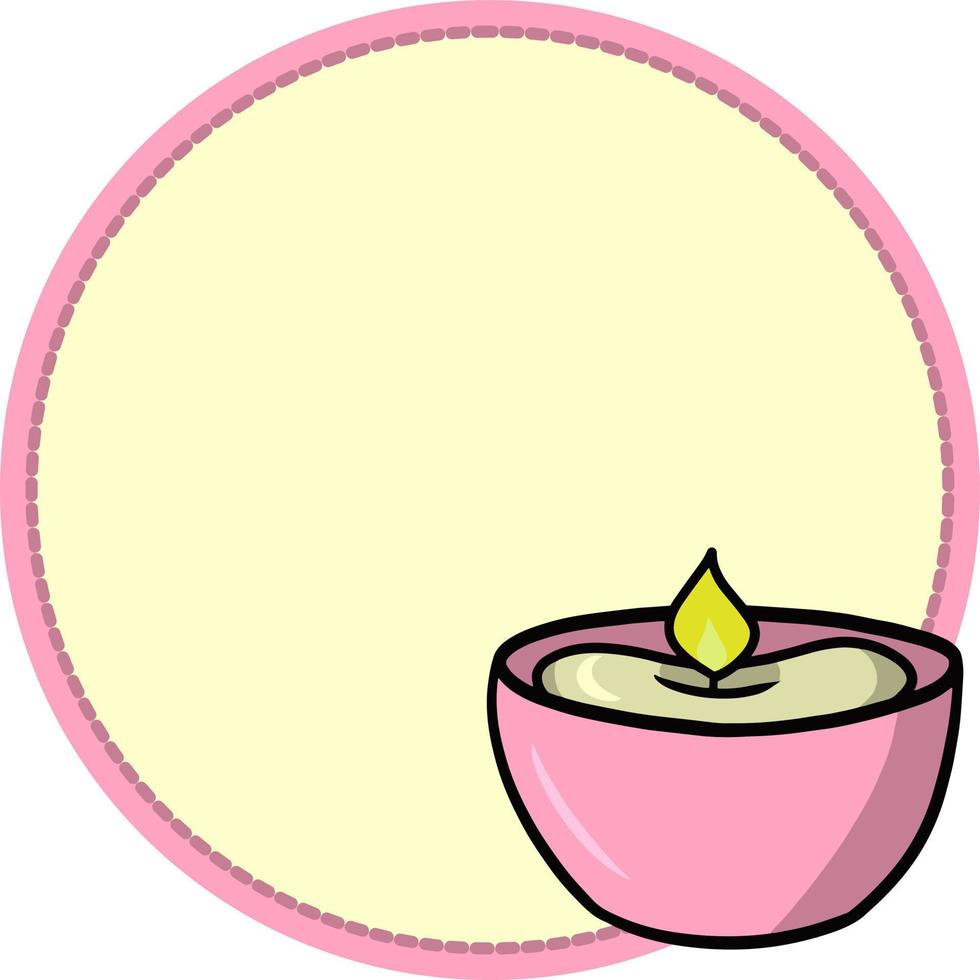 Pink fragrant candle for relaxation, round card with an empty place to insert. Vector cartoon