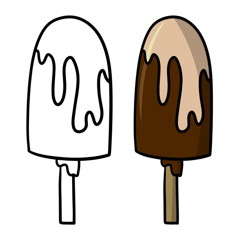 un juego de deliciosos postres fríos, helado de chocolate en un palo. ilustración vectorial, estilo de dibujos animados sobre un fondo blanco vector