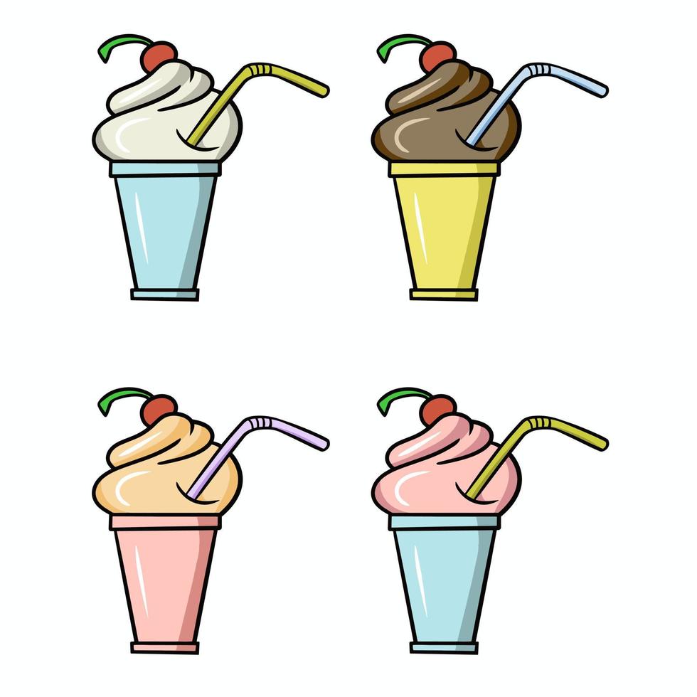 A set of delicious milkshake with cherries, cold fruit ice cream in a cup, cartoon vector illustration on a white background