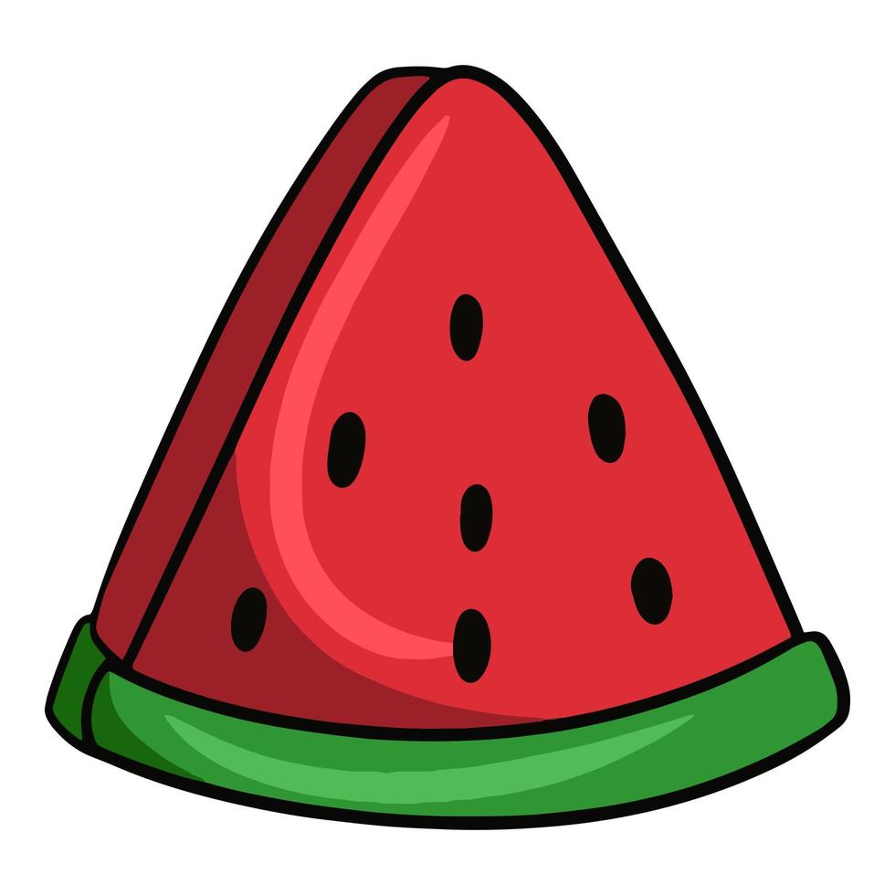 Juicy triangular sweet piece of watermelon, freshness, vector cartoon illustration on white background