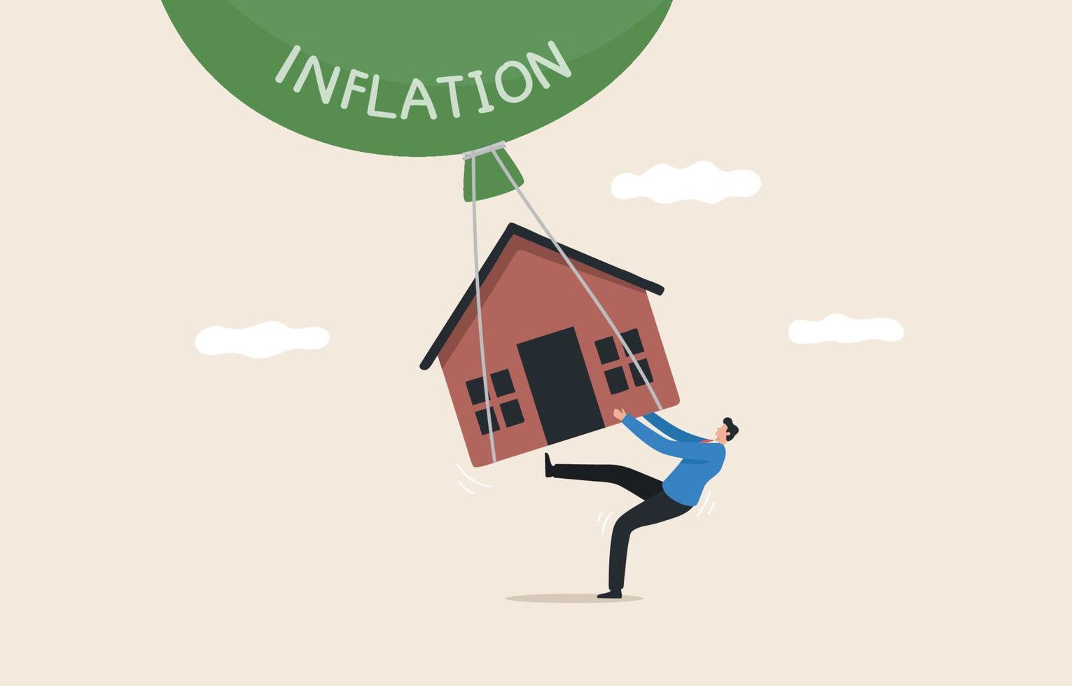 aumento de los precios de la vivienda, inflación inmobiliaria. la casa flota en el cielo con un globo inflable. y los hombres tratan de prevenir o frenar. vector