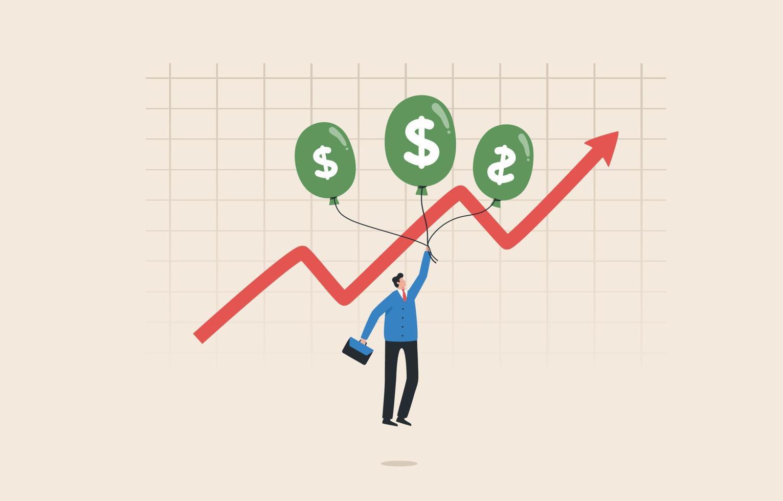 Inflation and monetary policy or investment profit and income concepts. Businessman investors flying with dollar signal balloons. vector