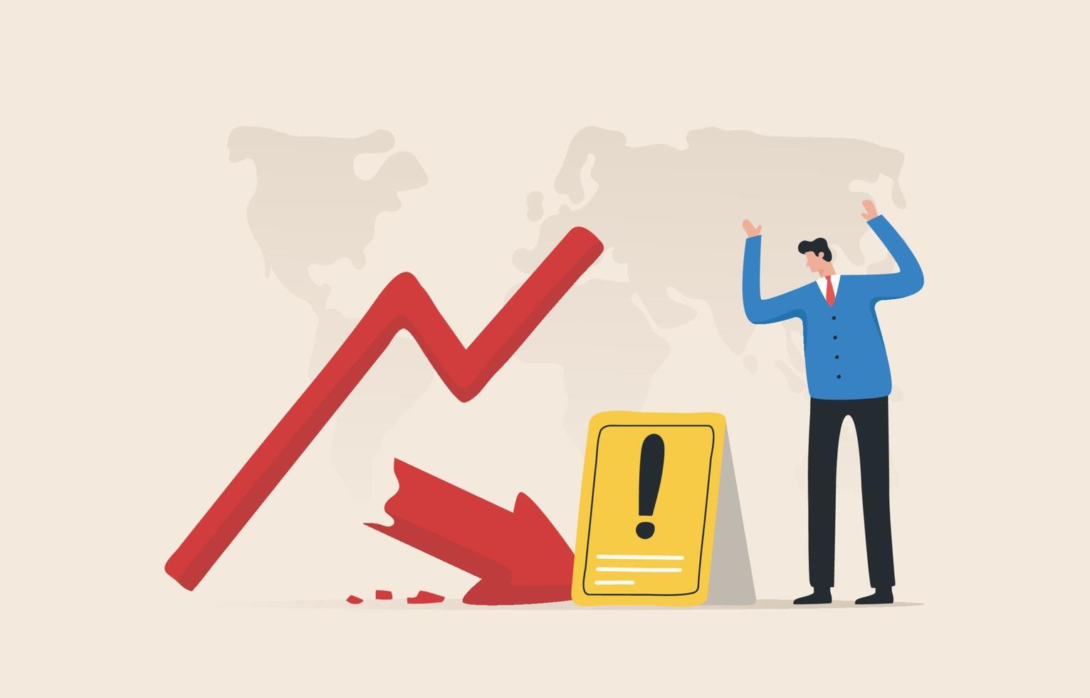 Caution in investing. The economic recession. Avoid investing during market crises. Deflation, inflation. Debt condition, market collapse.The arrow graph is broken down, investors panic. vector