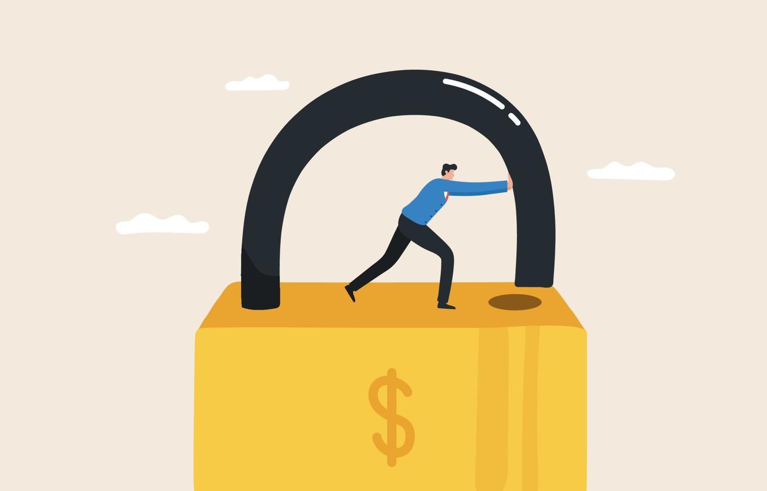 Unlock business, finance, banking problems. Open up business, work, finance opportunities. Create success for yourself and the organization. A young man or businessman pushes the padlock to unlock. vector