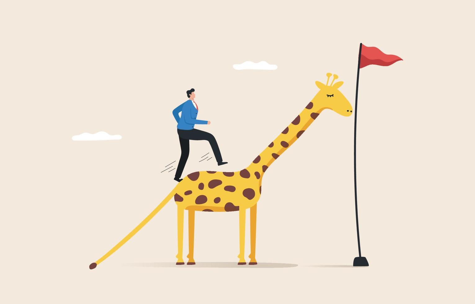 Leadership to achieve business goals. Different methods or innovations. Career success or company concept. A young man or businessman uses the length of a giraffe to grab the victory flag. vector