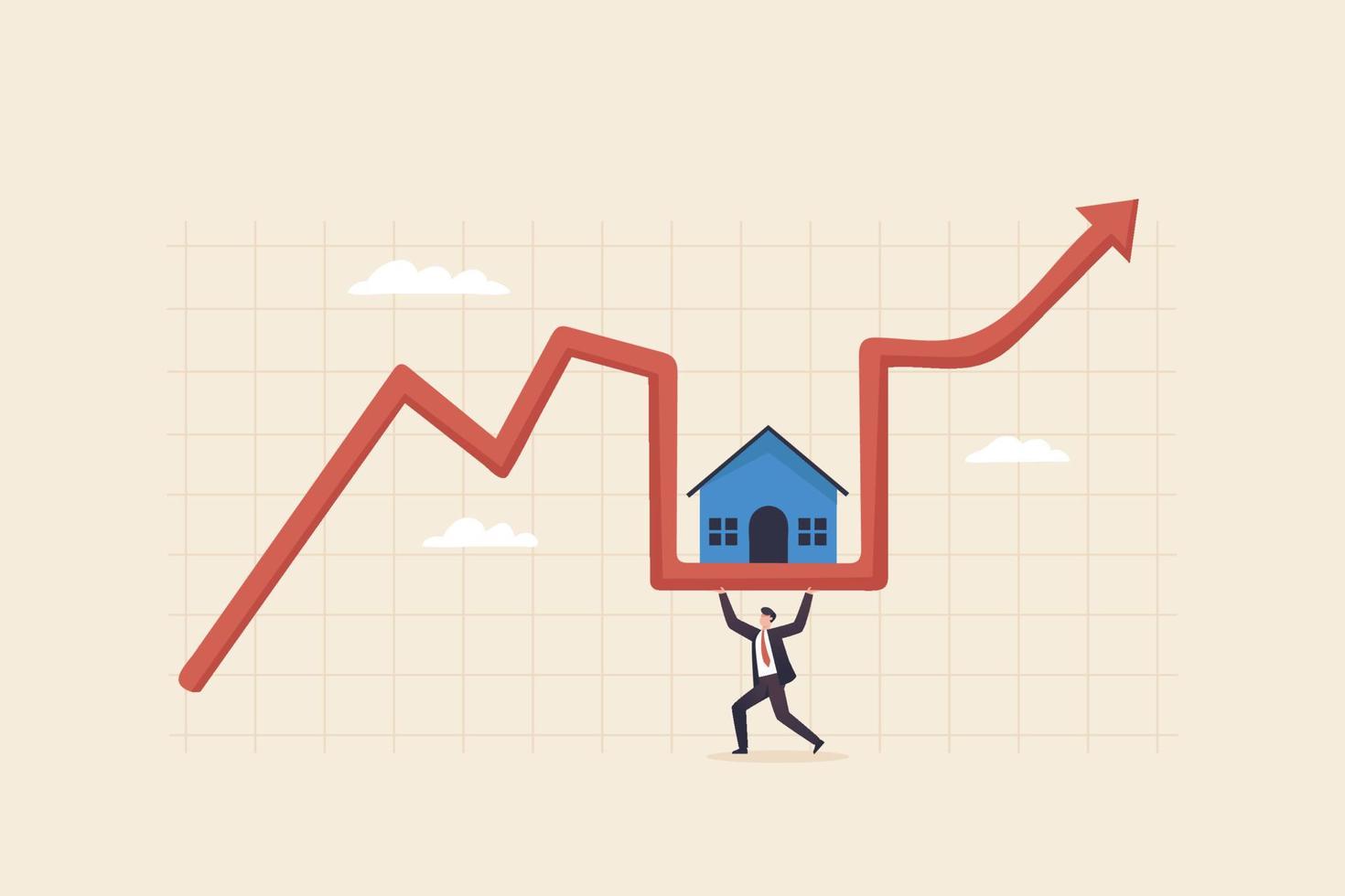 Real estate housing market bubble inflation. Red arrow on chart graph showing increase of price of houses. Businessman  support house price chart. vector