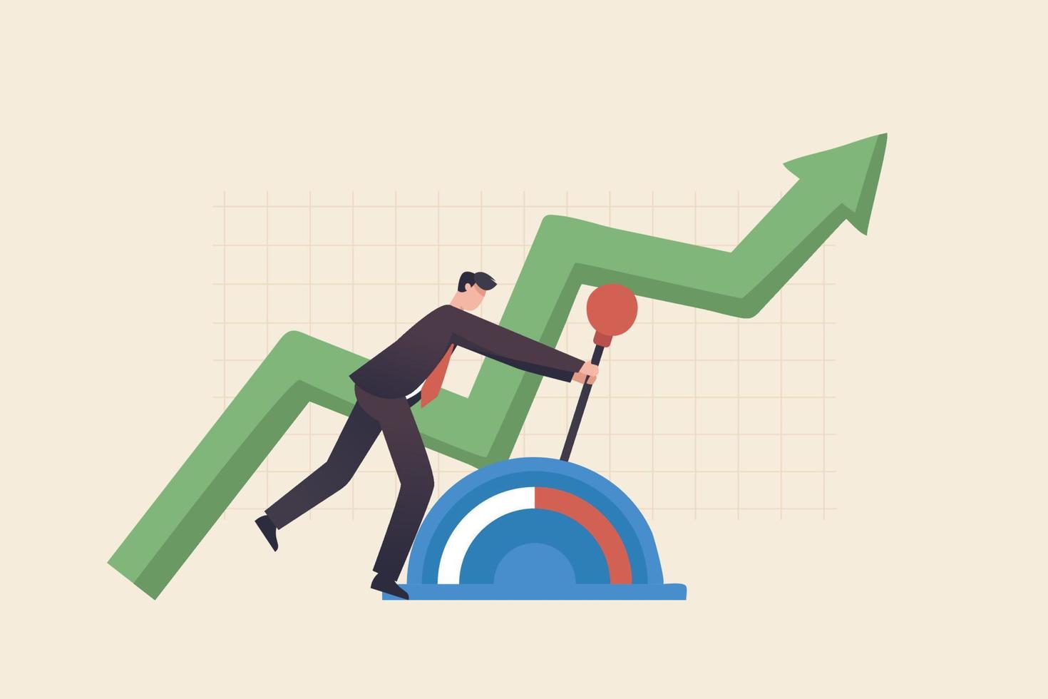 Control the stock market and investment portfolios. Changing the direction of business towards success goals.Businessman with large lever to control arrow chart vector