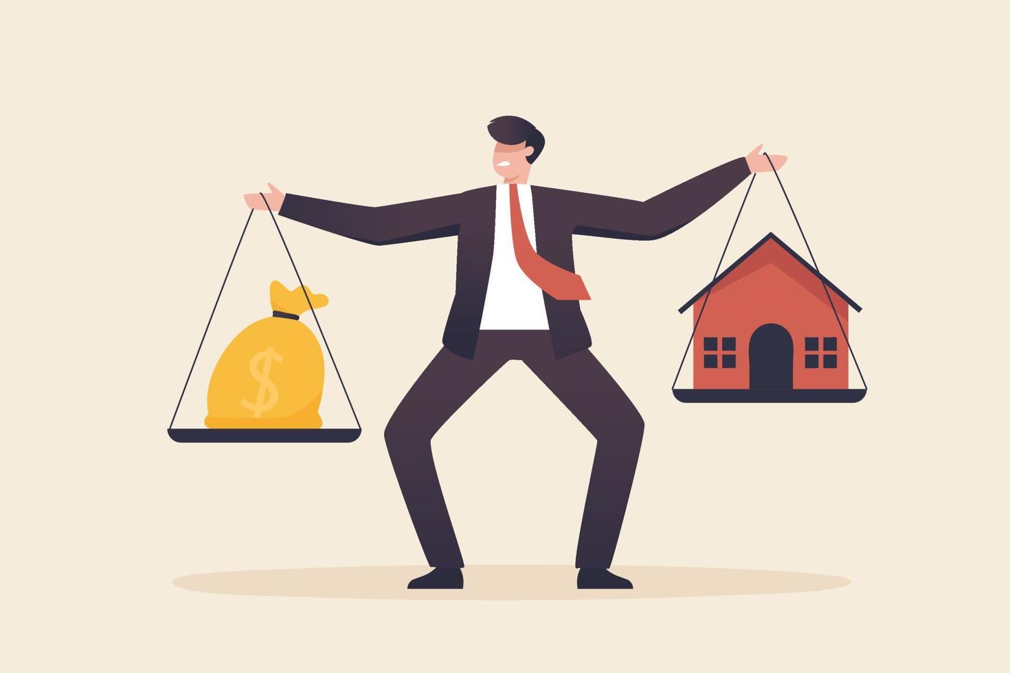 Balancing housing costs. Businessman balancing dollar and house. vector