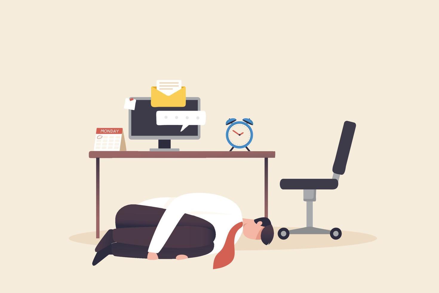 fatiga del trabajo, cansado y con ganas de dormir. oficinista aburrido, agotamiento en el concepto de trabajo. los empleados duermen debajo de sus escritorios. vector