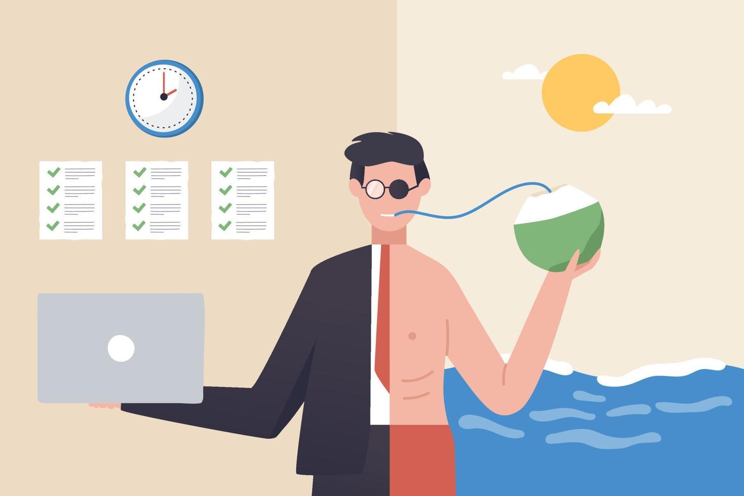 work life balance or work and travel. Reduce working day to increase efficiency and productivity, flexible work day for employee benefit concept. vector