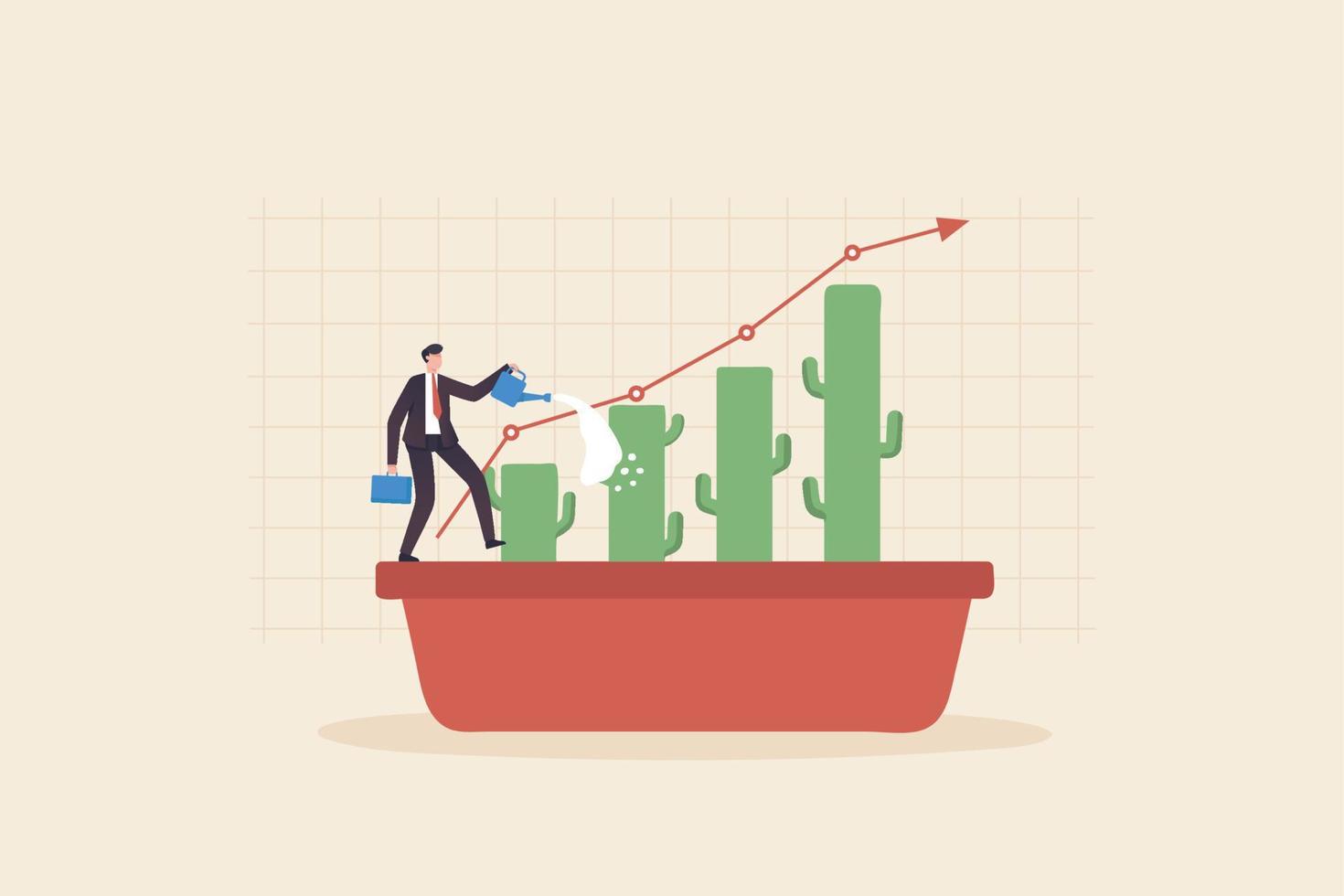 empezar a invertir invierta en el crecimiento de la inversión financiera o crezca el negocio, obtenga ganancias en el mercado de valores o gane el concepto de crecimiento. gráfico de árbol que está siendo regado por un hombre de negocios. vector