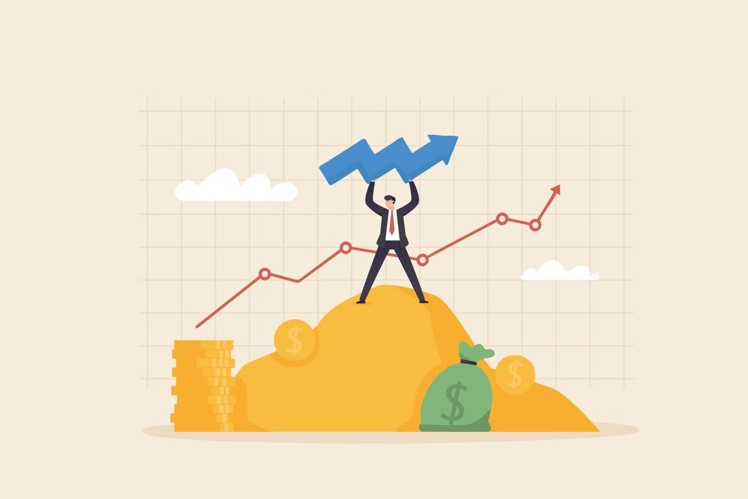 Income growth concept. Cash piles with businessman on top gold or money  moutain. Reaching financial goals and successfully managing return on investment. Commerce earning stats. vector