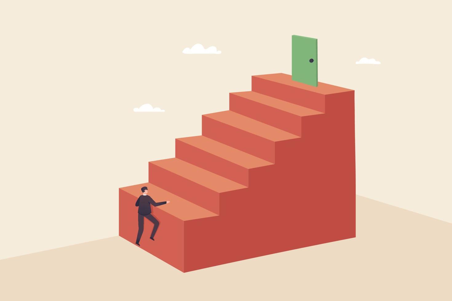 Al comenzar un nuevo desafío, el éxito no es fácil. los esfuerzos conducirán al éxito. hombre de negocios subiendo una gran escalera roja. vector