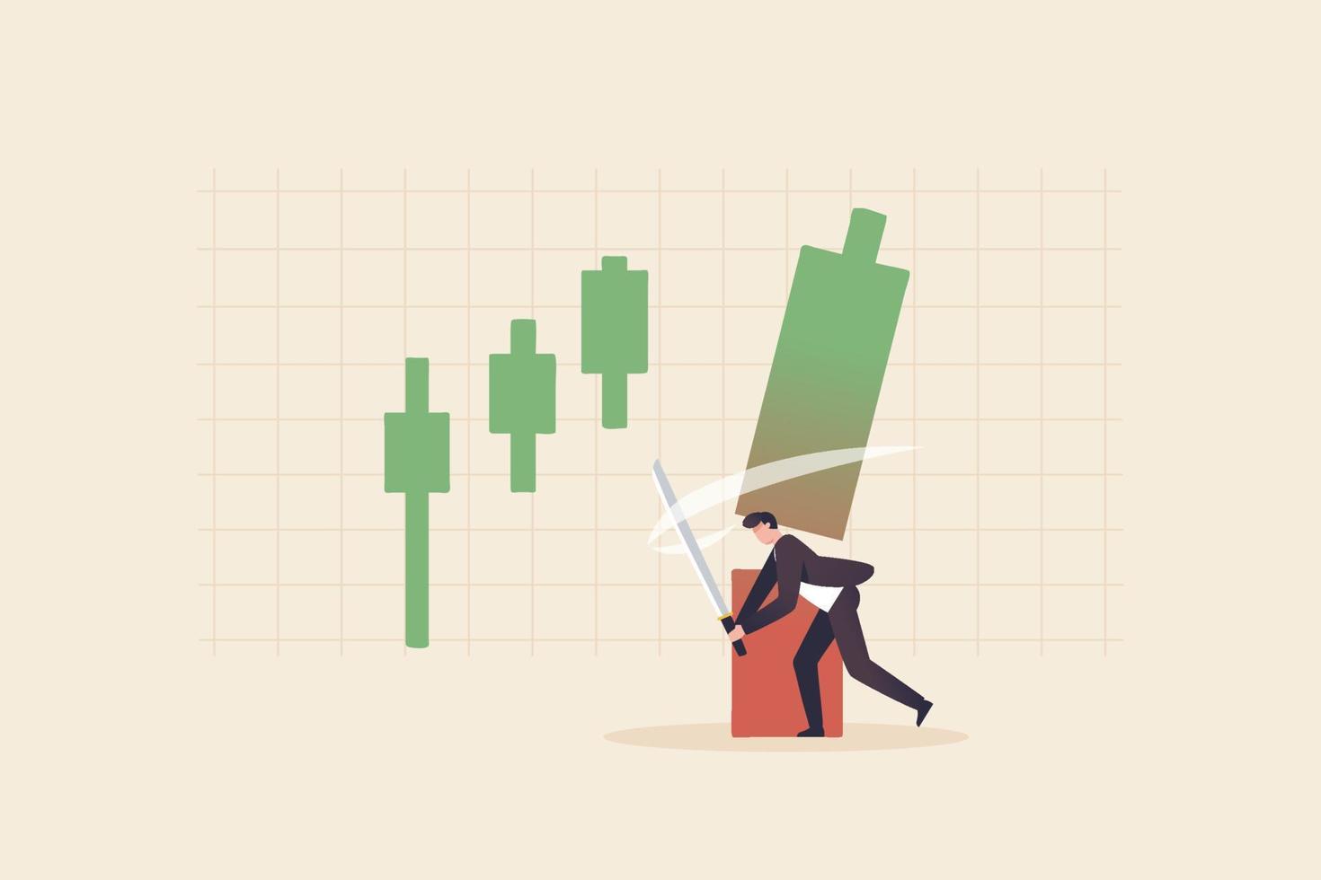 Stop Loss, Stock Market Crisis, Currency Crisis, Market Volatility. Businessmen use swords to cut candlesticks to stop losing profits. vector