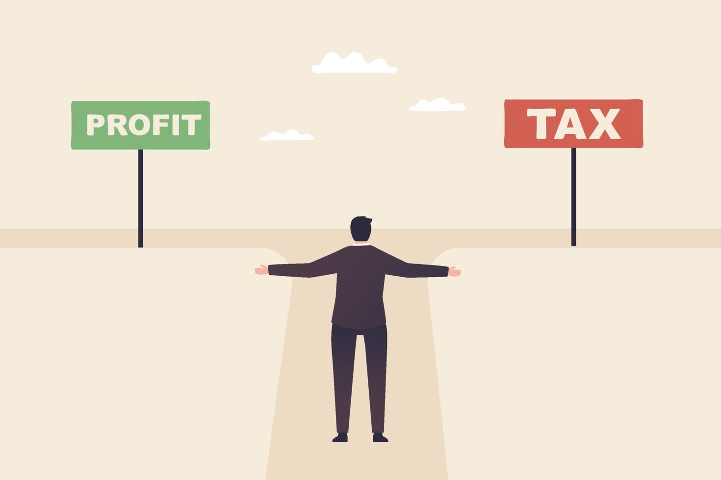 Profits and Taxes, Choosing to Collect Profits or Paying Taxes. A businessman stands at a crossroads having to decide between profit and tax. vector