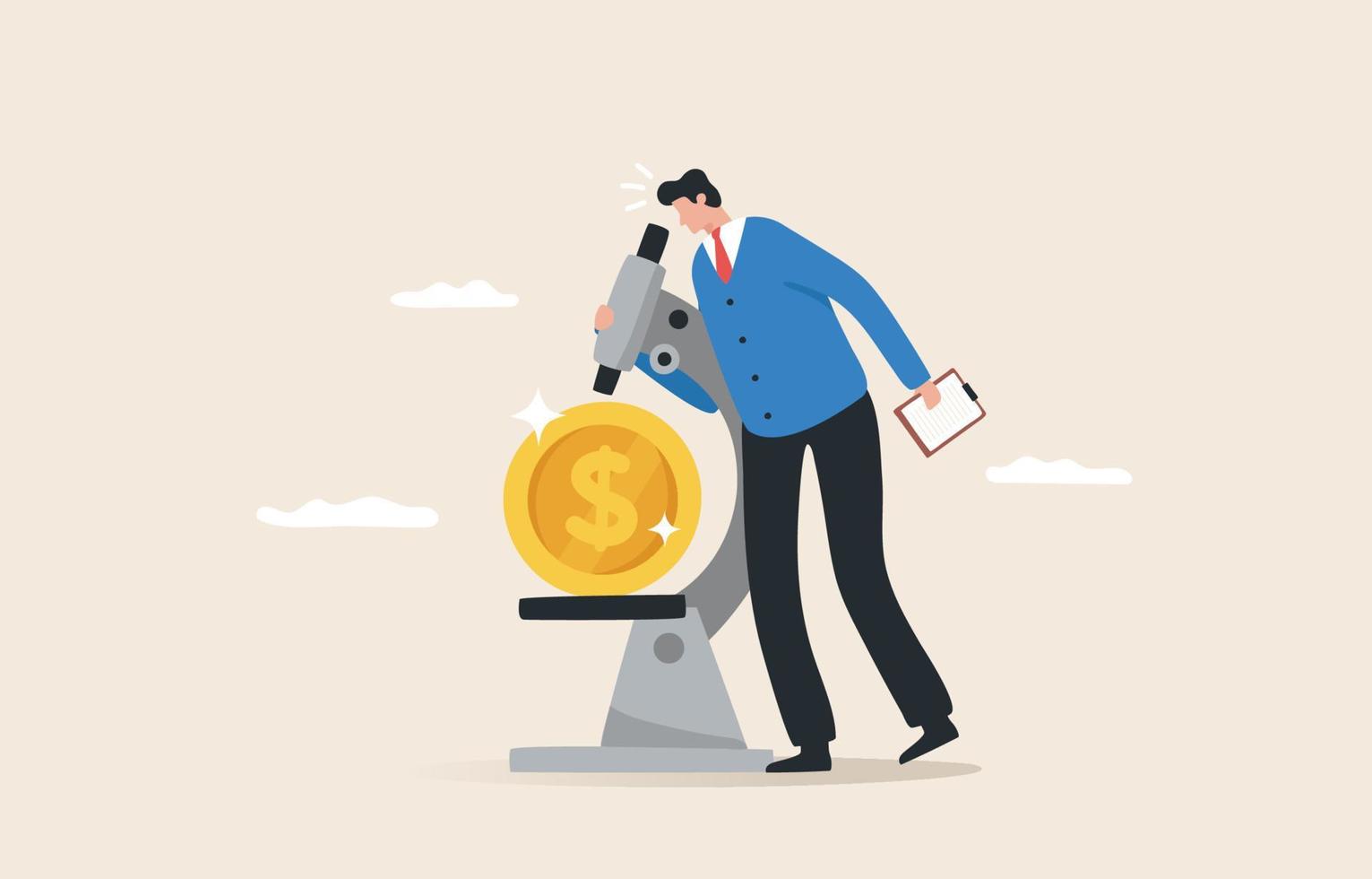 Financial experts. Providing financial or investment advice. Pass on wealth. Wealth Management. Tax planning, savings, retirement planning. A businessman uses a microscope to shine a dollar coin. vector