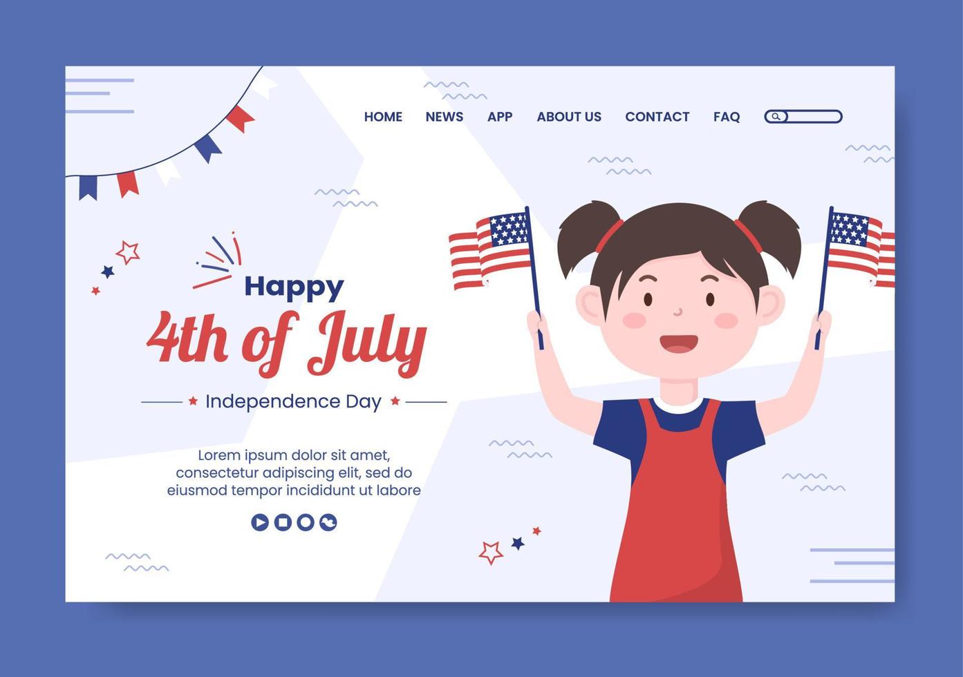 4th of July Happy Independence Day USA Landing Page Social Media Template Vector Cartoon Illustration