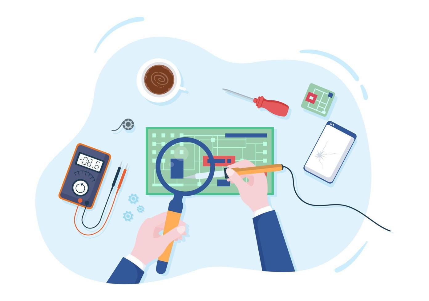 reparación móvil de un servicio electrónico de teléfono o teléfono inteligente con pantalla rota y avería de la máquina en una ilustración plana de dibujos animados vector