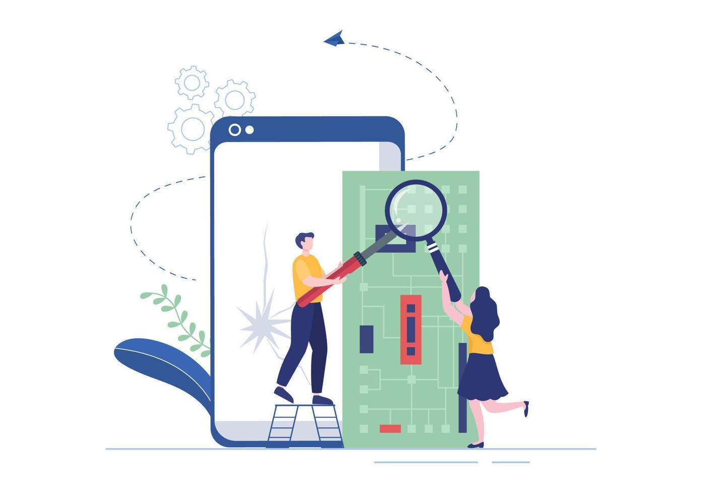 reparación móvil de un servicio electrónico de teléfono o teléfono inteligente con pantalla rota y avería de la máquina en una ilustración plana de dibujos animados vector