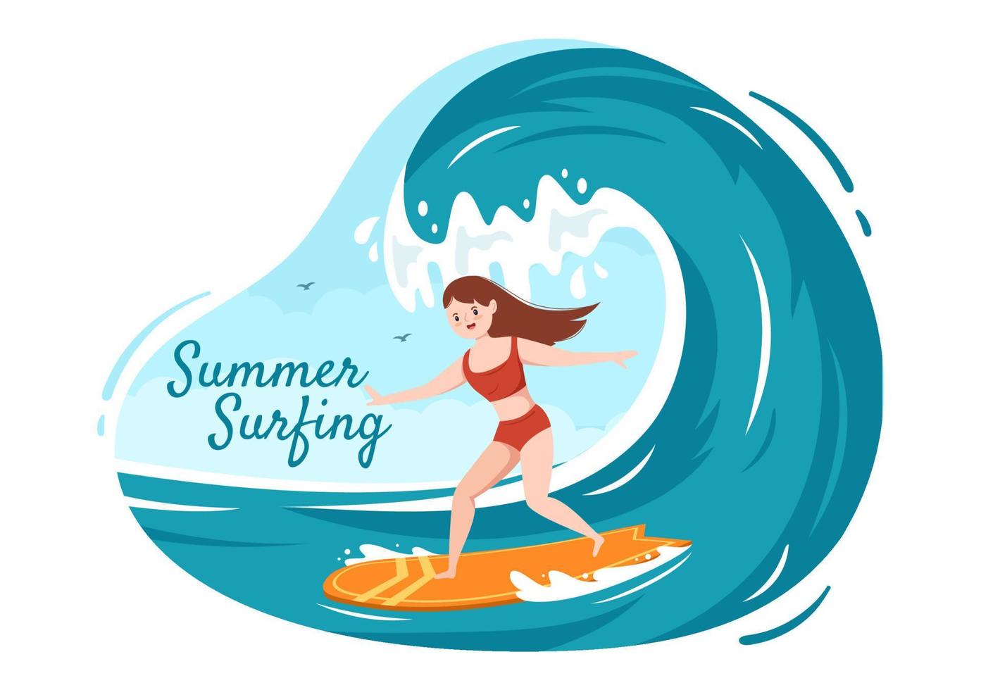 surf de verano de actividades deportivas acuáticas ilustración de dibujos animados con olas oceánicas en tablas de surf o flotando en tablas de remo en estilo plano vector