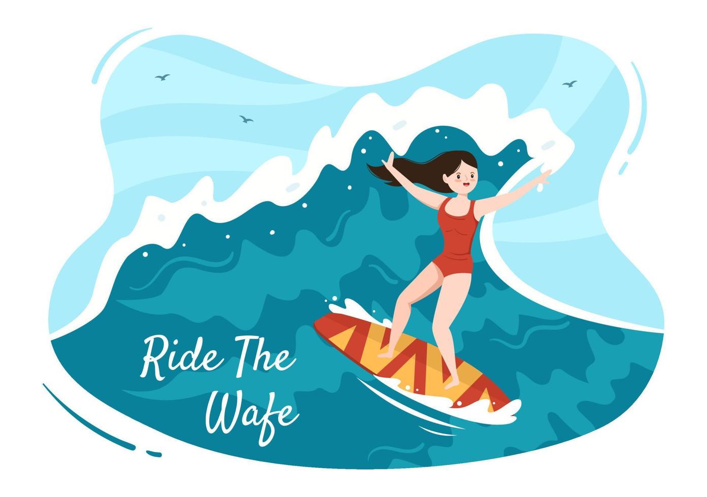 surf de verano de actividades deportivas acuáticas ilustración de dibujos animados con olas oceánicas en tablas de surf o flotando en tablas de remo en estilo plano vector