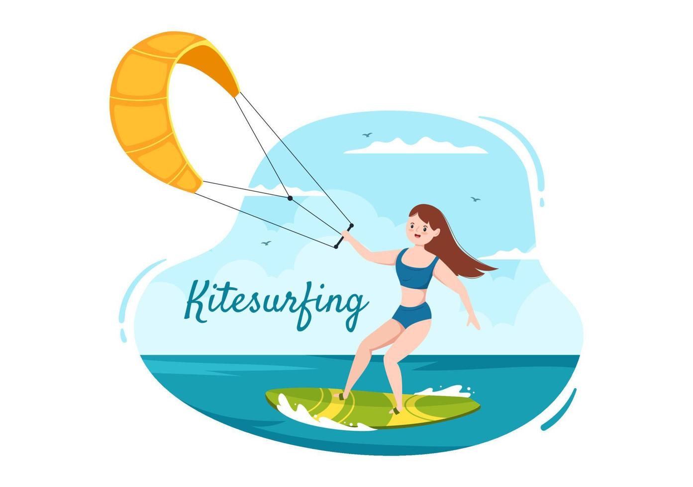 kitesurf de verano de actividades deportivas acuáticas ilustración de dibujos animados con montar una cometa grande en un tablero en estilo plano vector