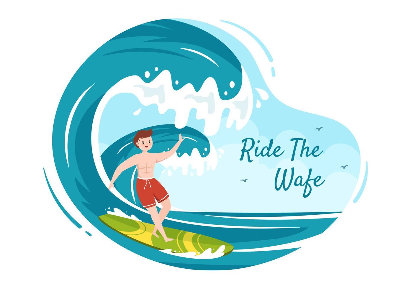 surf de verano de actividades deportivas acuáticas ilustración de dibujos animados con olas oceánicas en tablas de surf o flotando en tablas de remo en estilo plano vector