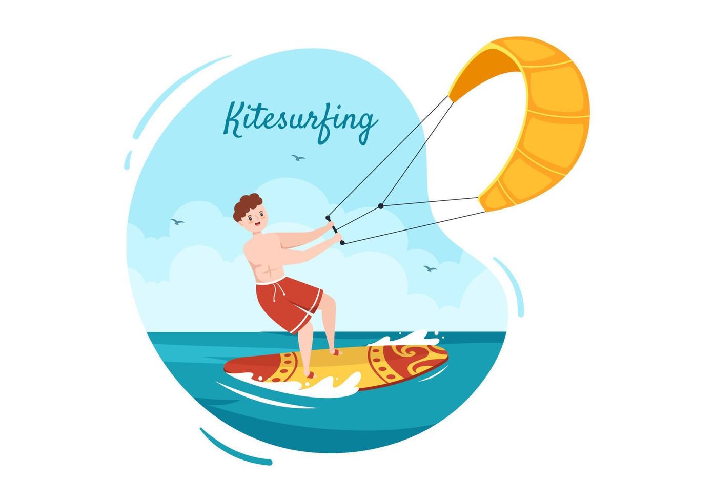 Summer Kitesurfing of Water Sport Activities Cartoon Illustration with Riding a Big Kite on a Board in Flat Style vector