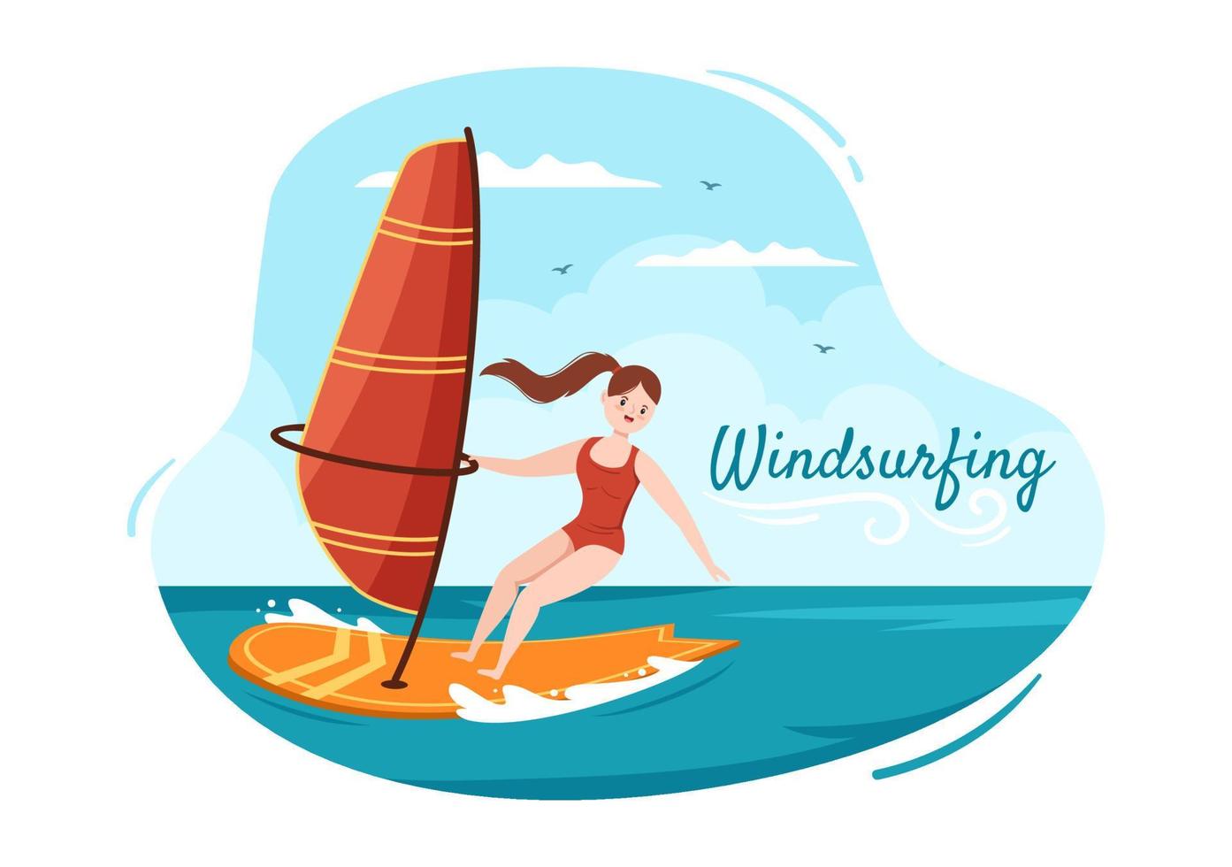 Summer Windsurfing of Water Sport Activities Cartoon Illustration with Rides the Barreled Rushing Waves or Floating on Paddle Board in Flat Style vector