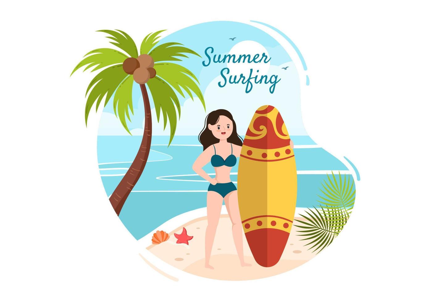 Summer Surfing of Water Sport Activities Cartoon Illustration with Riding Ocean Wave on Surfboards or Floating on Paddle Board in Flat Style vector