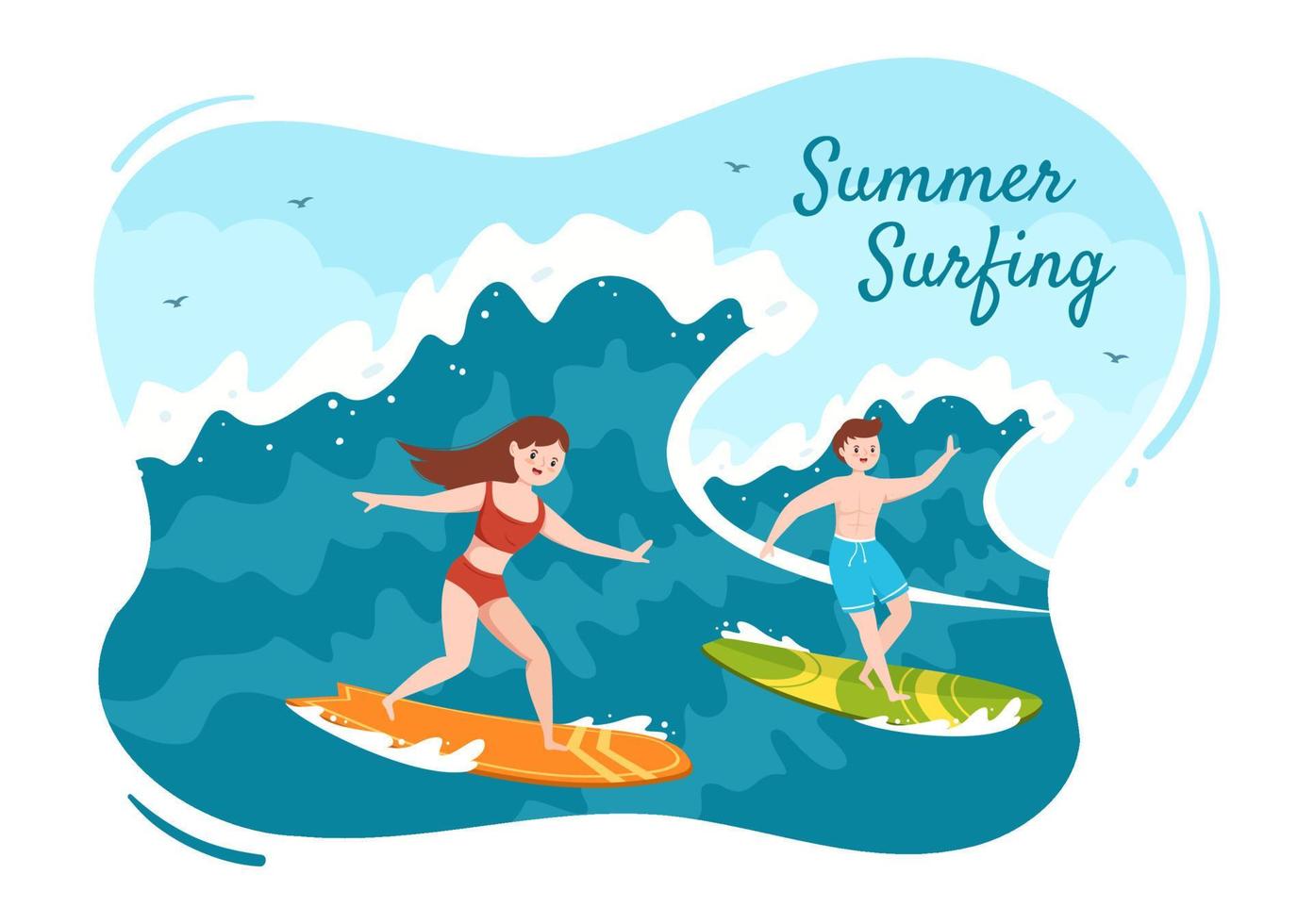 surf de verano de actividades deportivas acuáticas ilustración de dibujos animados con olas oceánicas en tablas de surf o flotando en tablas de remo en estilo plano vector