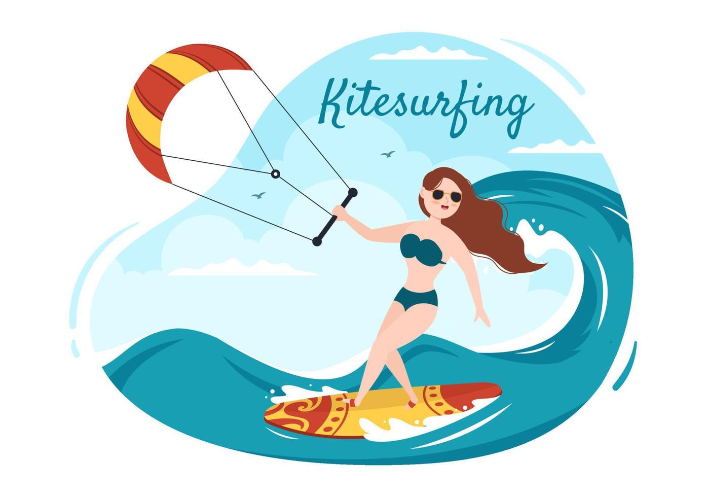 kitesurf de verano de actividades deportivas acuáticas ilustración de dibujos animados con montar una cometa grande en un tablero en estilo plano vector