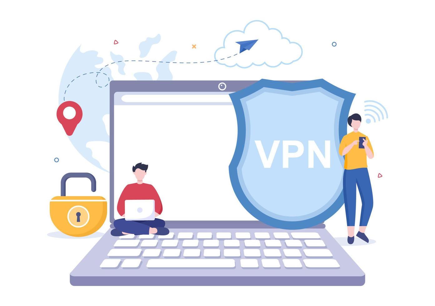 vpn o servicio de red privada virtual ilustración vectorial de dibujos animados para proteger, seguridad cibernética y asegurar sus datos personales en teléfonos inteligentes o computadoras vector