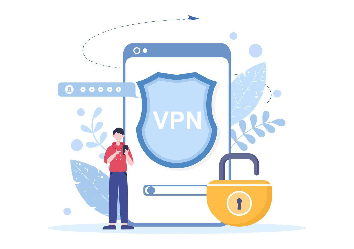 VPN or Virtual Private Network Service Cartoon Vector Illustration to Protect, Cyber Security and Secure his Personal Data in Smartphone or Computer