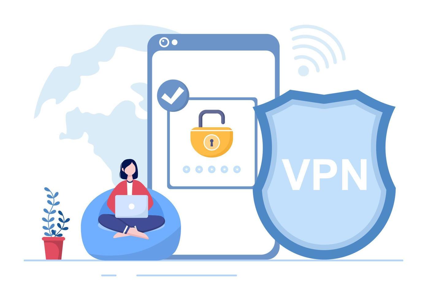 VPN or Virtual Private Network Service Cartoon Vector Illustration to Protect, Cyber Security and Secure his Personal Data in Smartphone or Computer