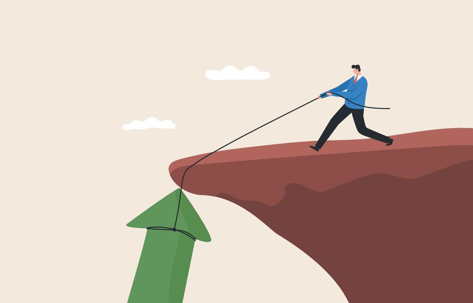 Crisis salvage. The process of rehabilitation or the stock market. Facing the financial or investment crisis.A businessman tries to pull an arrow graph up from a cliff. vector