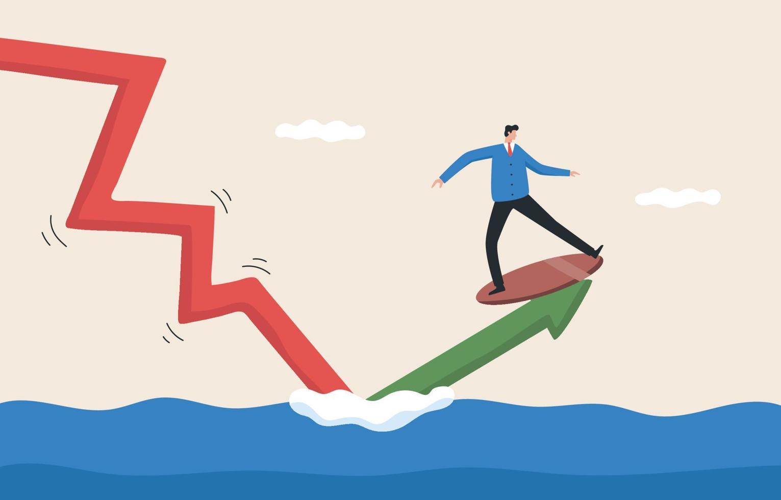 Financial success. Investment risk. Risks in job duties. Businessman surfing on the wave graph. vector