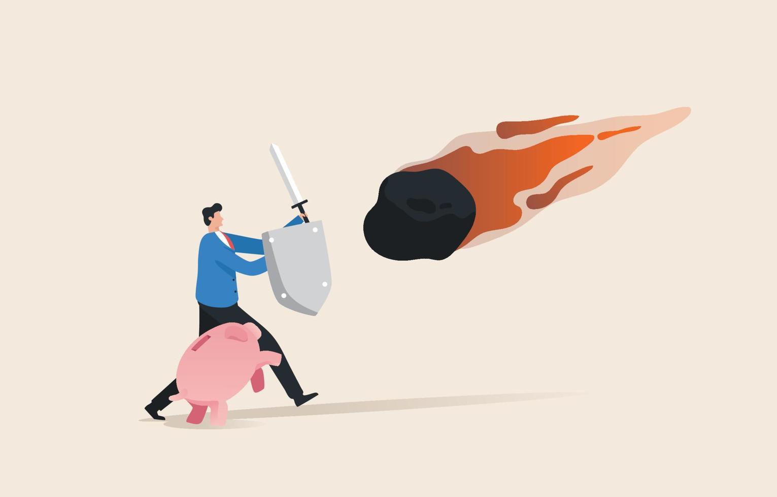 Financial income protection. stock market crash.  Wealth management inflation. protection A businessman holds a shield to protect his savings from a meteorite. vector