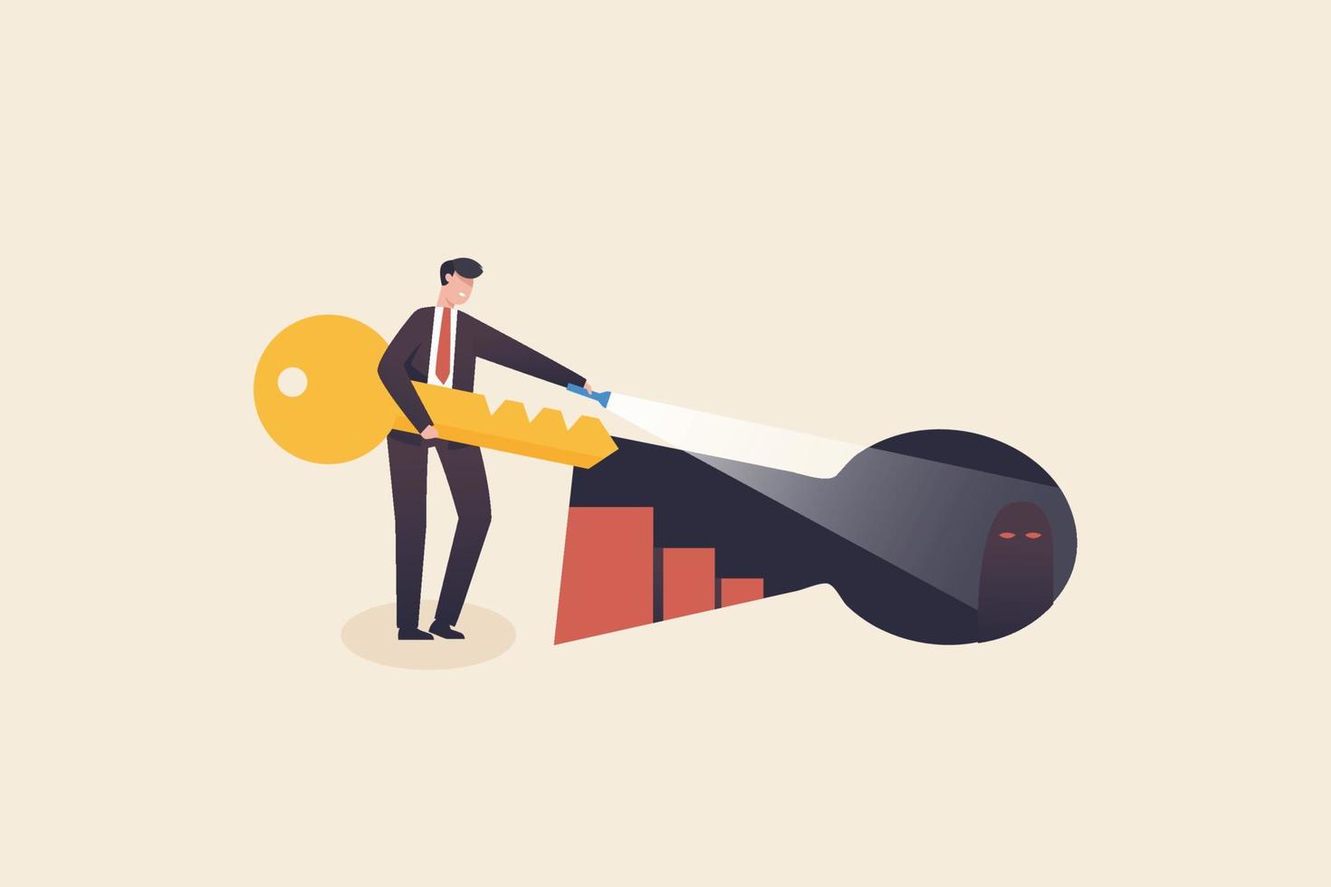 Go beyond the limit. face your fearStairway to unlocking. A businessman holding a giant key is going down the stairs down the darkness. vector