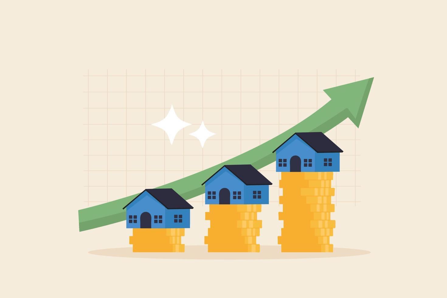 Real estate House on stack of coins. money stack. house, building, home. Arrow chart rising house prices. vector