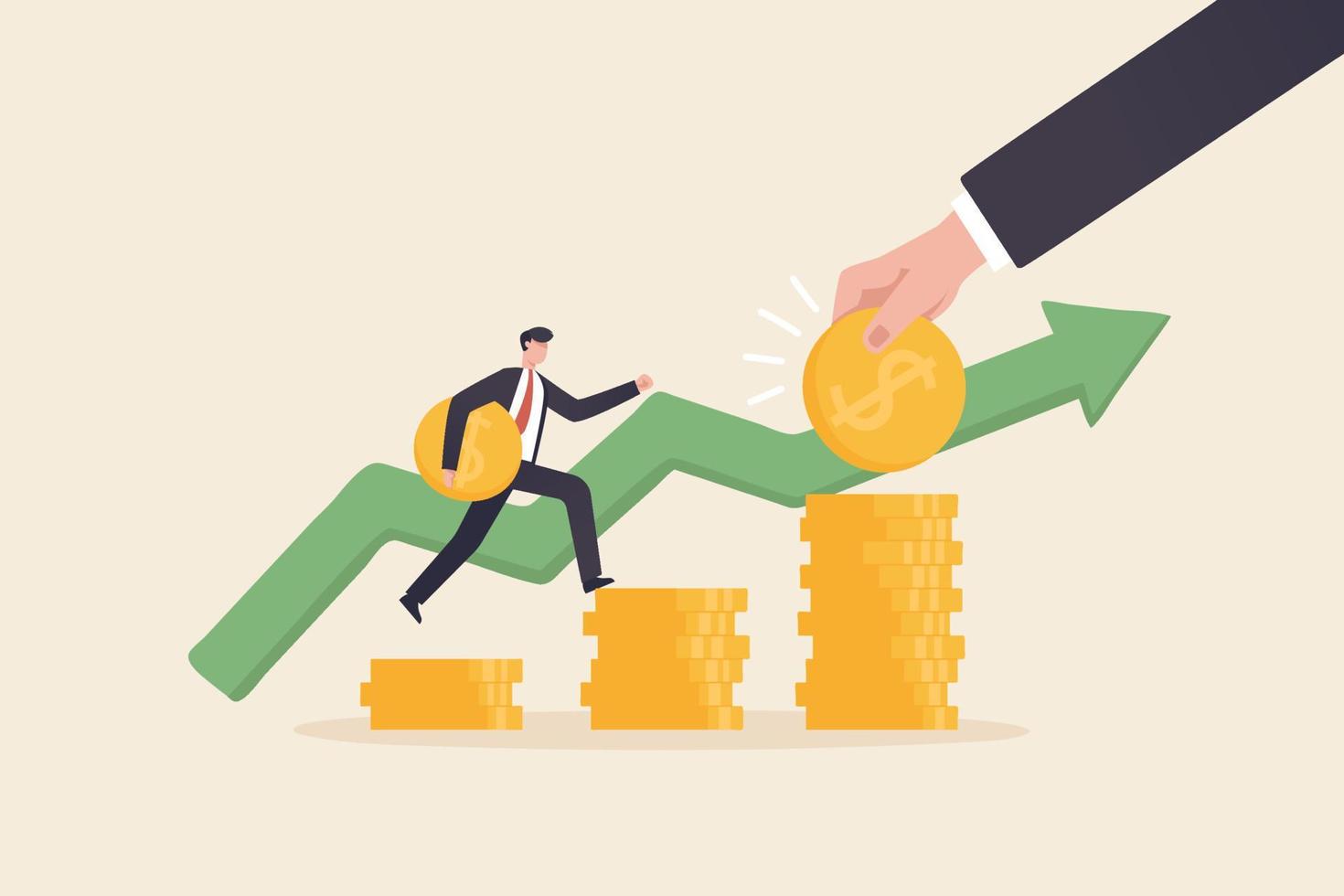 Start saving to meet your financial goals. Compound Interest Profit with growing business graph.Businessman run on coin stacks as symbol of growing business. vector